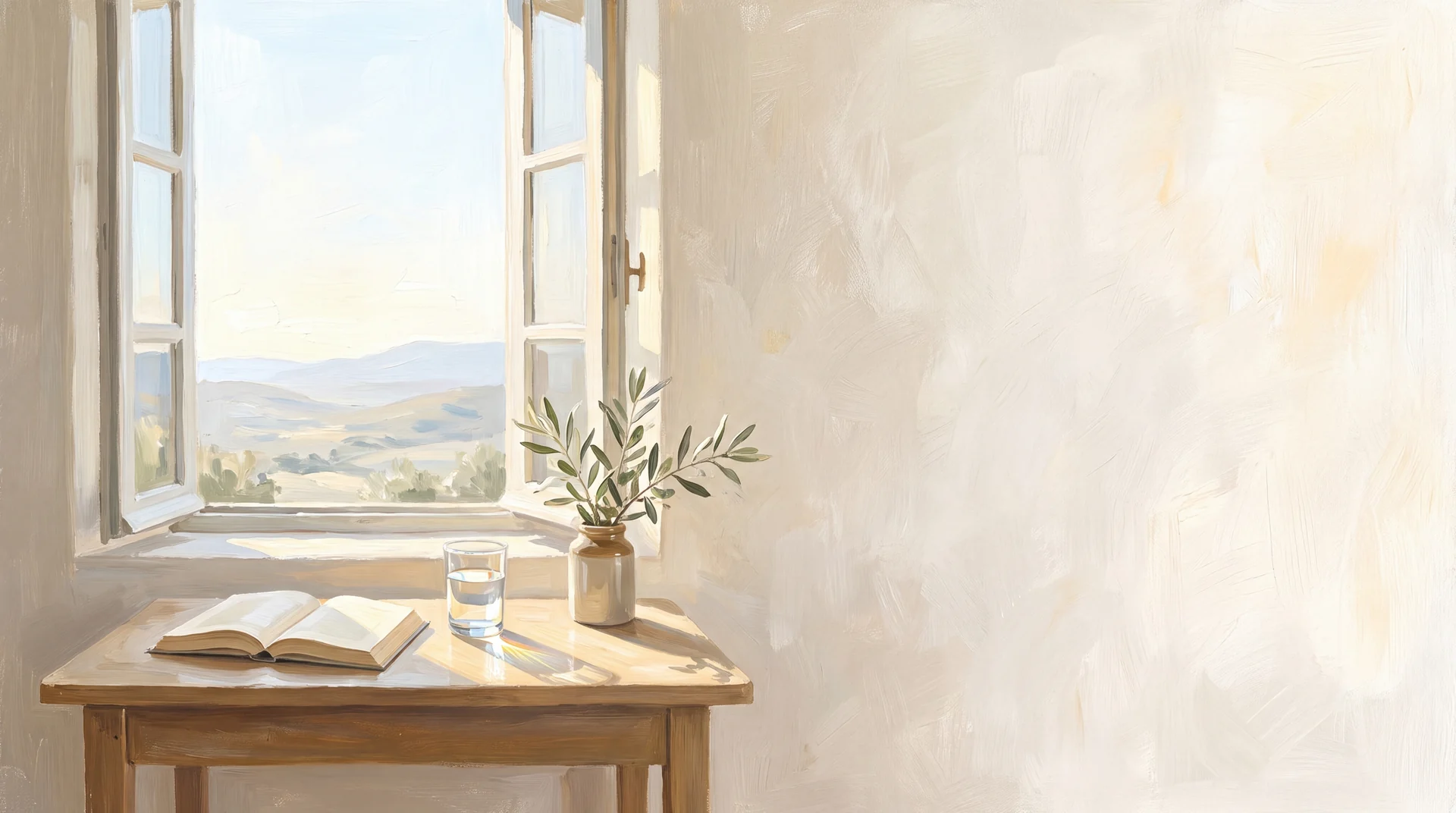 An open book and a glass of water on a table beside a sunlit window overlooking hills.