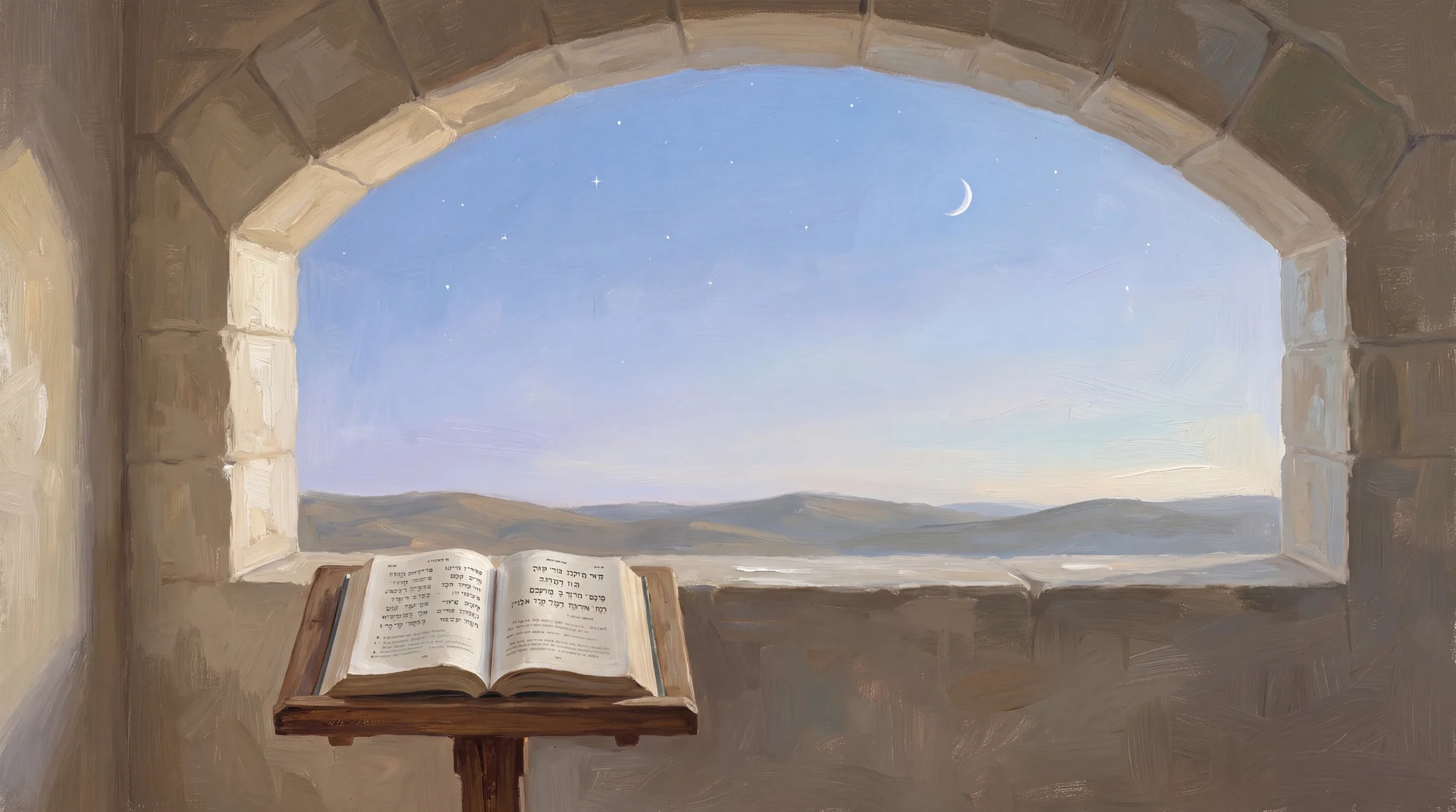 An open Hebrew psalter in a stone alcove beneath a crescent moon.